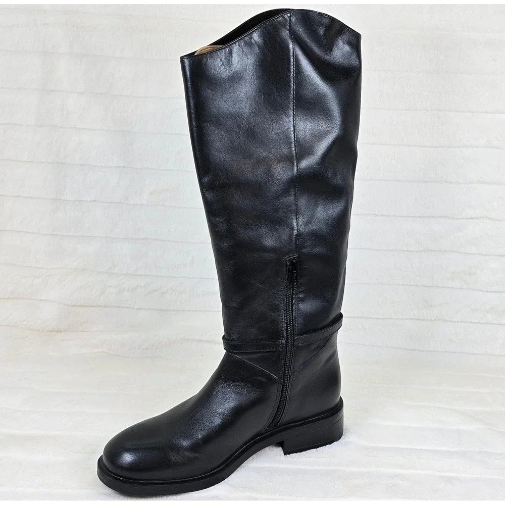 Arezzo Womens Black Leather Knee High Boots Side Zip Gold Buckle Accent Size 9.5